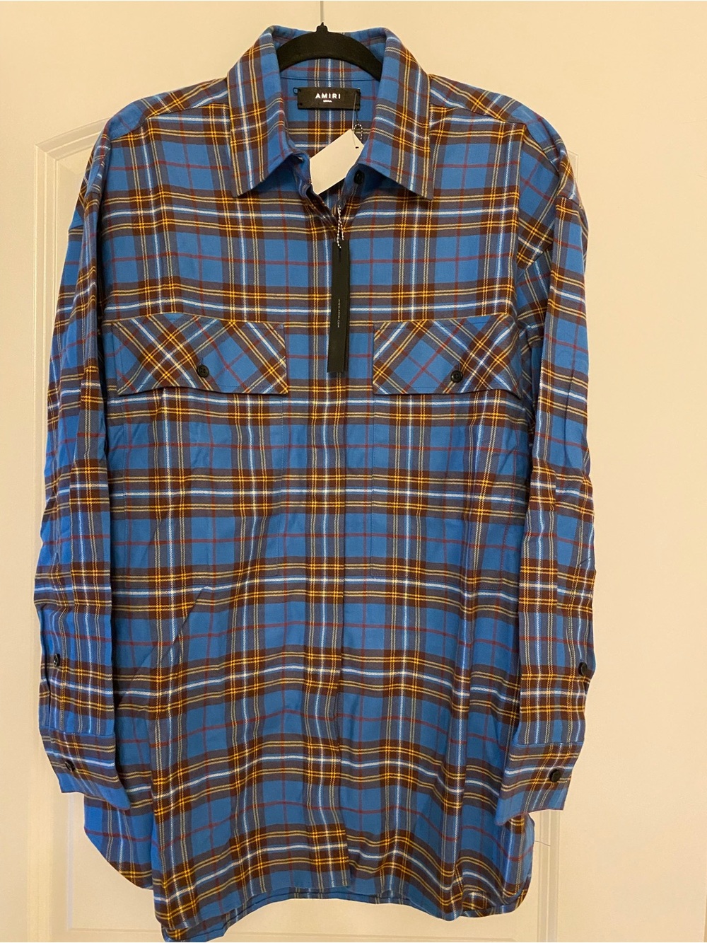 AMIRI Blue and Black Plaid Zip-Front Men’s Shirt with Yellow Accents